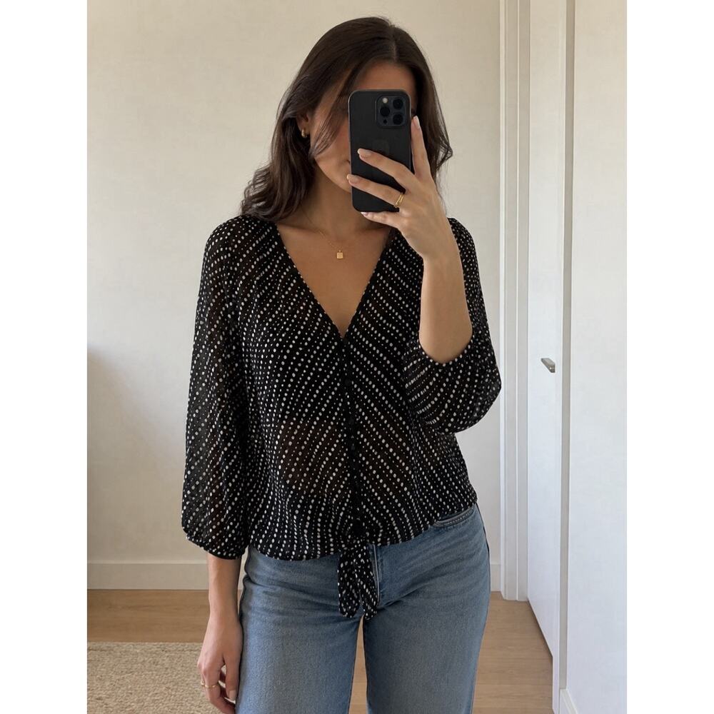 Chico's Black White Polka Dot Sheer Button Tie Front Top Sz Xl